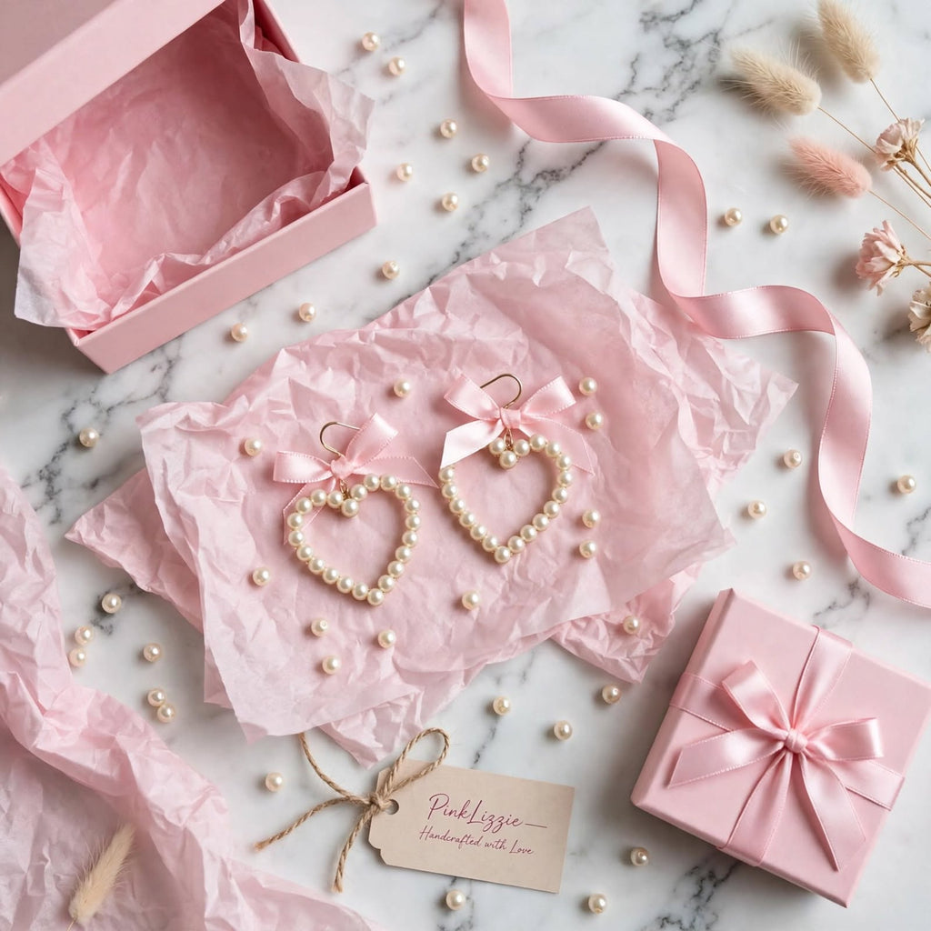 PINKLIZZIE | Pink Heart Bow Pearl Drop Earrings