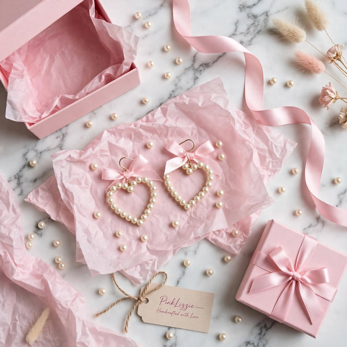 PINKLIZZIE | Pink Heart Bow Pearl Drop Earrings