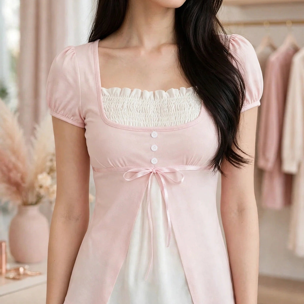 PINKLIZZIE | Puff-Sleeve Bow Babydoll Top