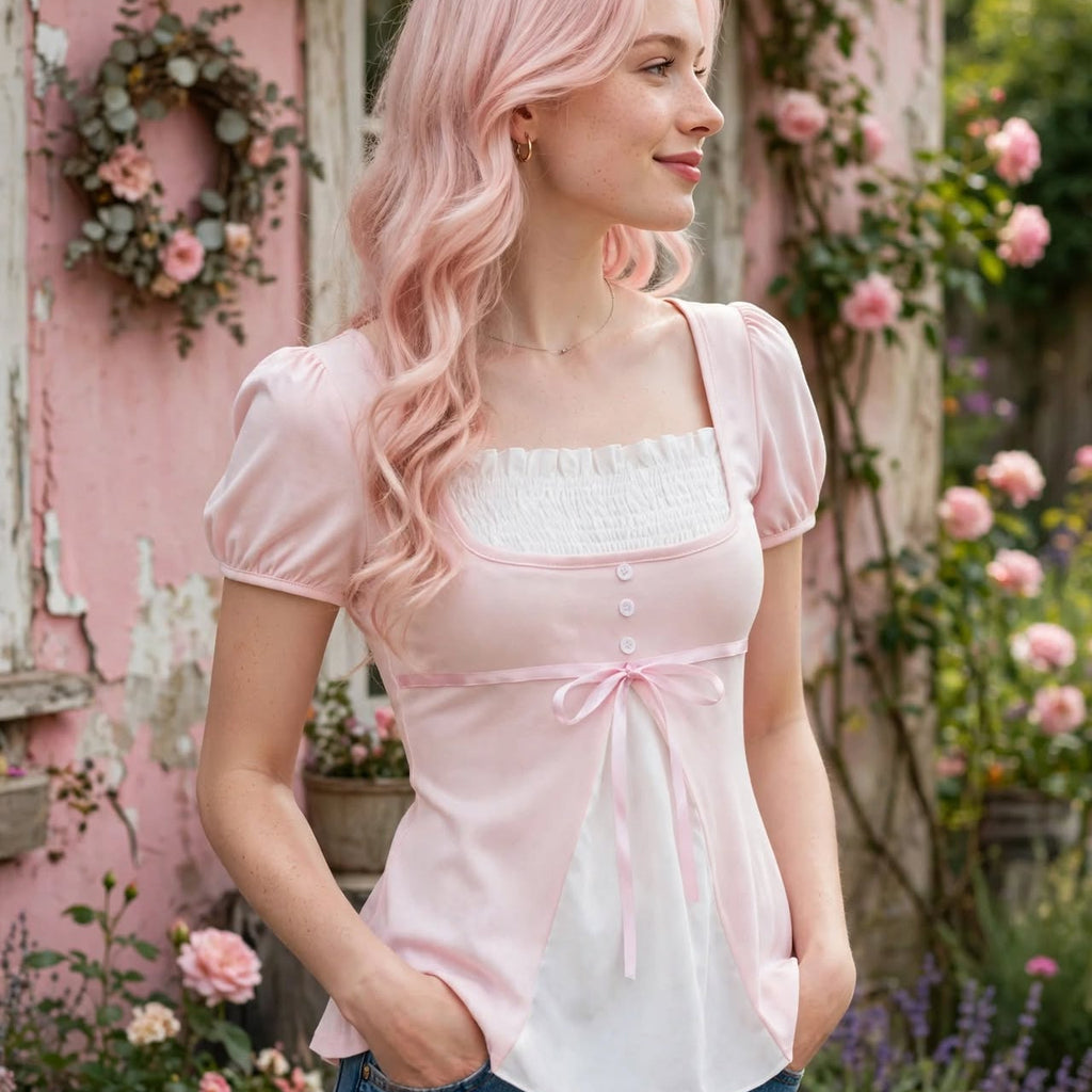 PINKLIZZIE | Puff-Sleeve Bow Babydoll Top