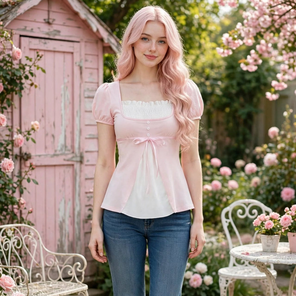 PINKLIZZIE | Puff-Sleeve Bow Babydoll Top
