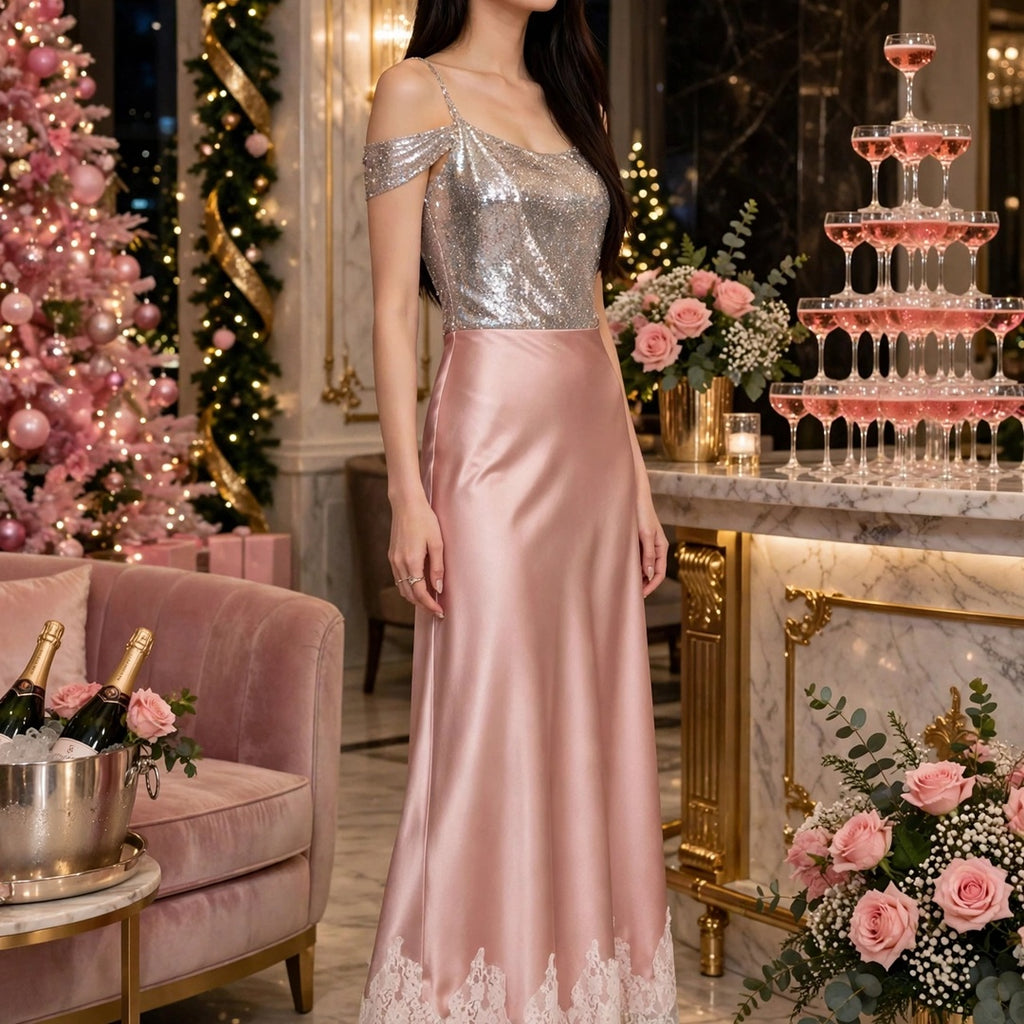PINKLIZZIE | High-Waist Lace Satin A-Line Maxi Skirt