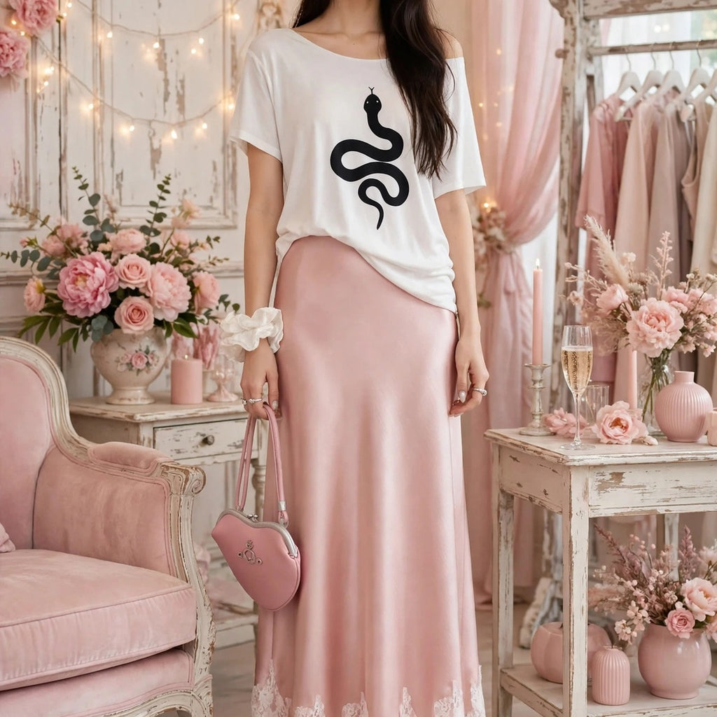 PINKLIZZIE | High-Waist Lace Satin A-Line Maxi Skirt