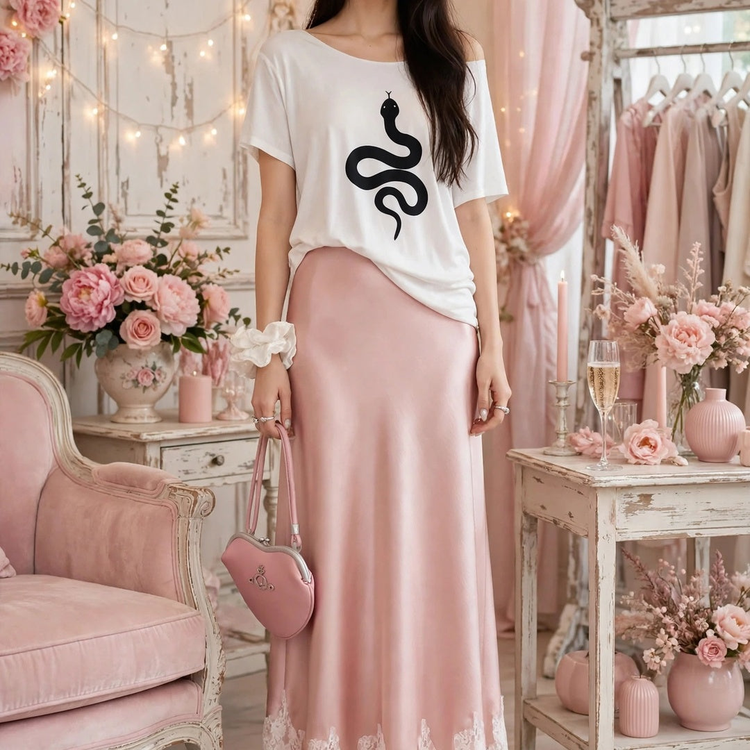 PINKLIZZIE | High-Waist Lace Satin A-Line Maxi Skirt