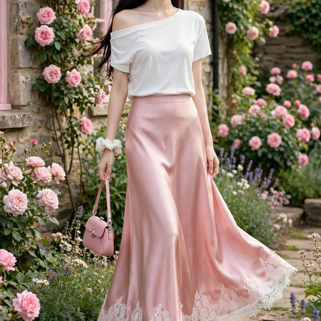 PINKLIZZIE | High-Waist Lace Satin A-Line Maxi Skirt