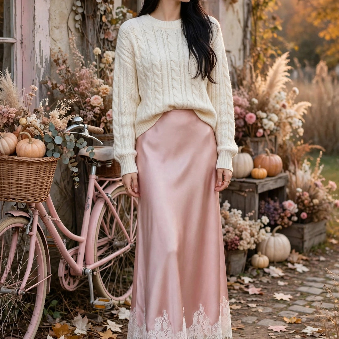 PINKLIZZIE | High-Waist Lace Satin A-Line Maxi Skirt