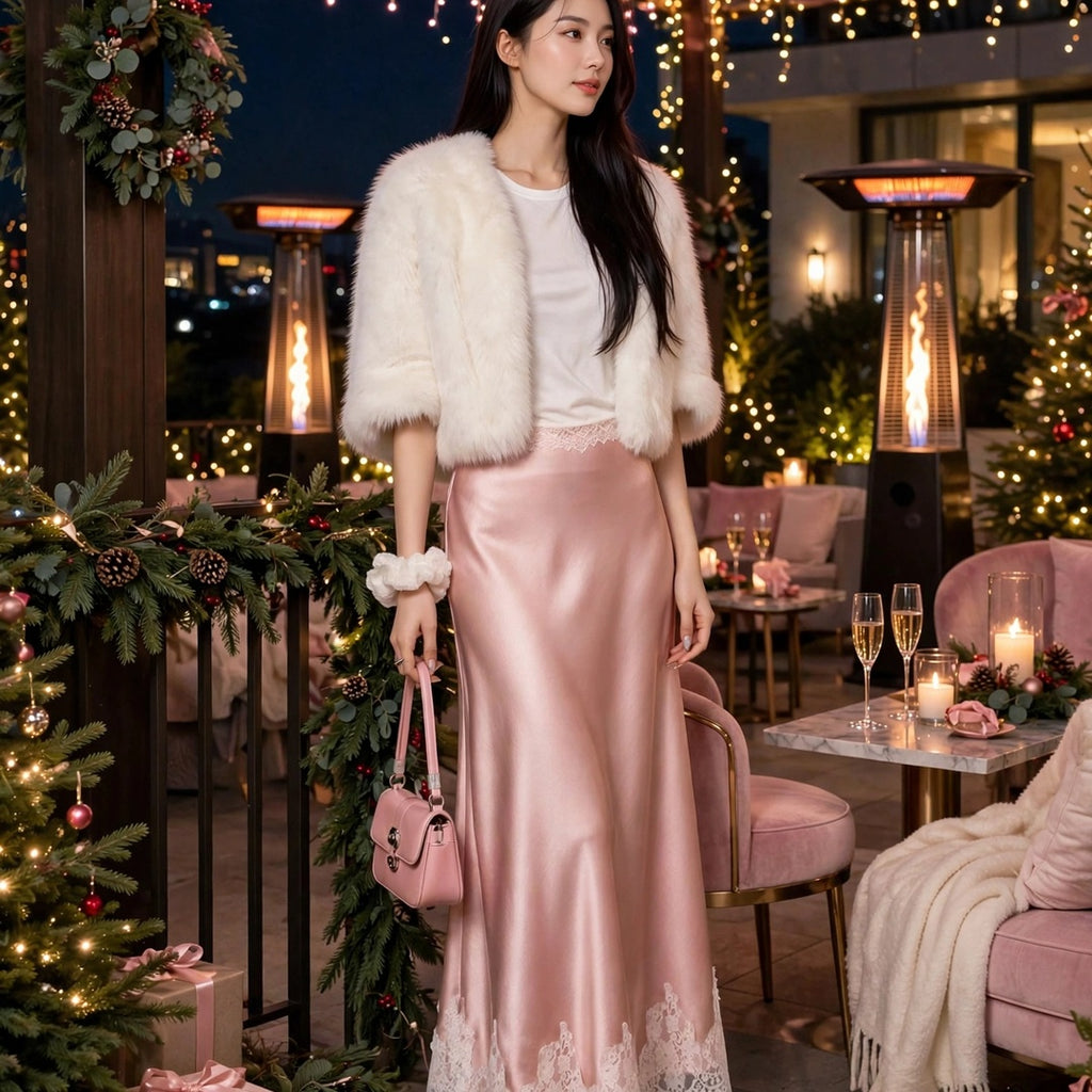 PINKLIZZIE | High-Waist Lace Satin A-Line Maxi Skirt