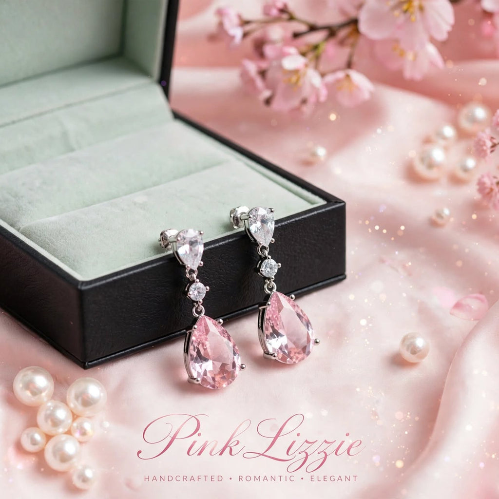 PINKLIZZIE | Pink Pear Crystal Drop Earrings