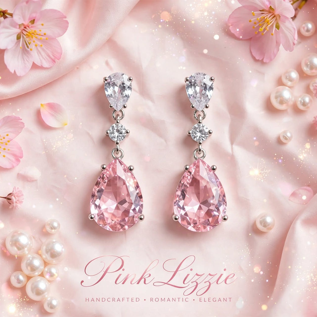 PINKLIZZIE | Pink Pear Crystal Drop Earrings
