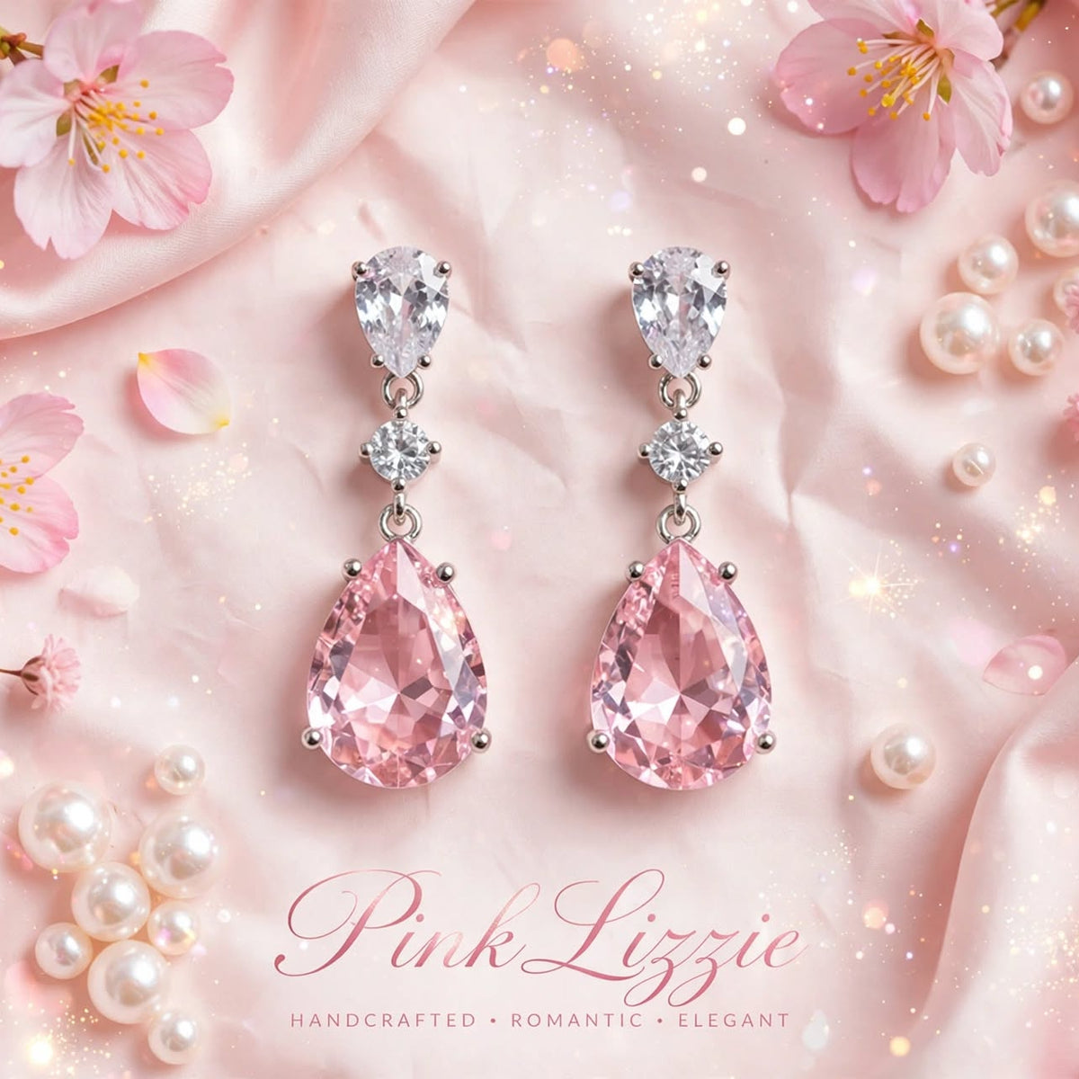 PINKLIZZIE | Pink Pear Crystal Drop Earrings