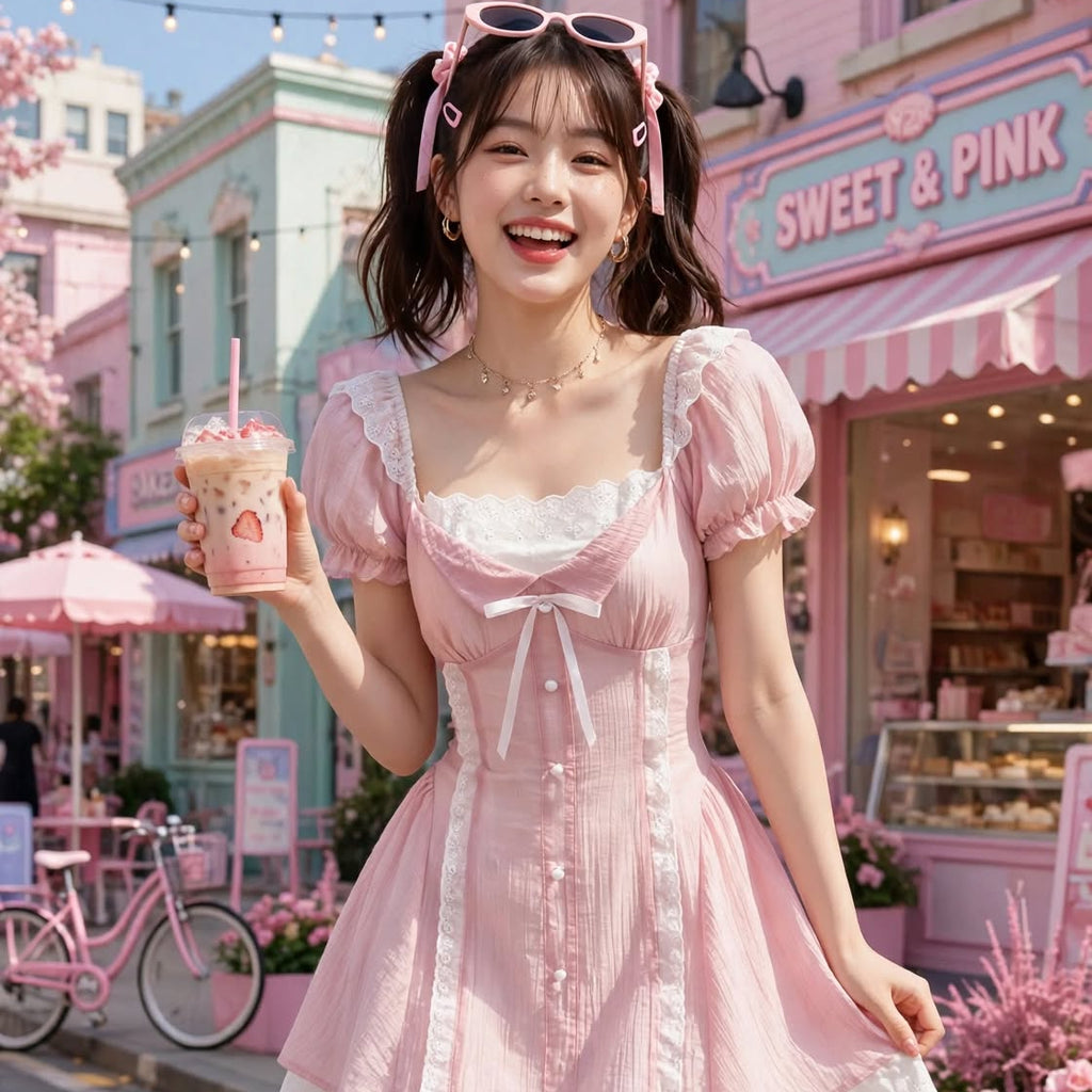 PINKLIZZIE | Bow Puff-Sleeve Square-Neck Mini Dress