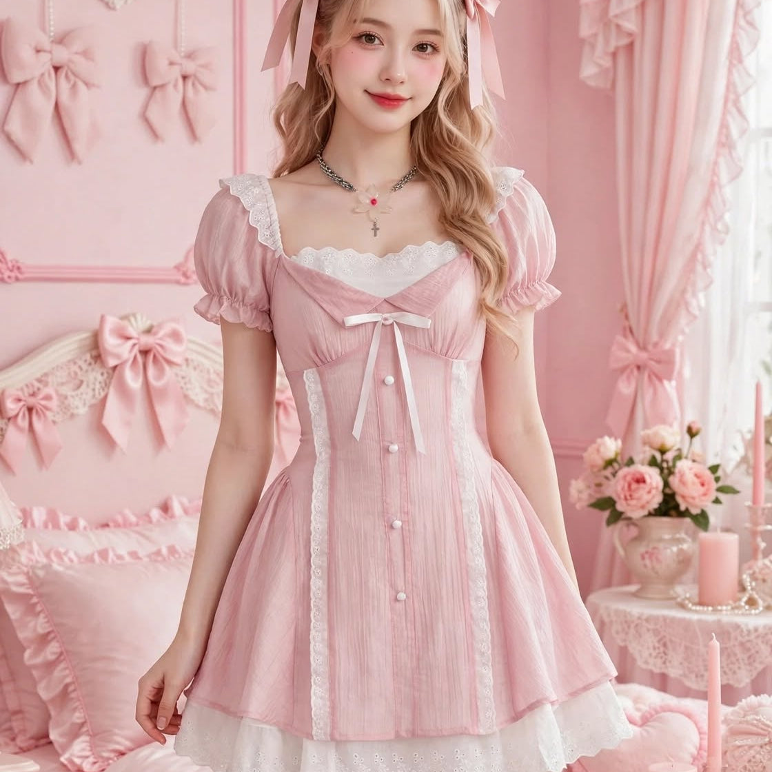 PINKLIZZIE | Bow Puff-Sleeve Square-Neck Mini Dress