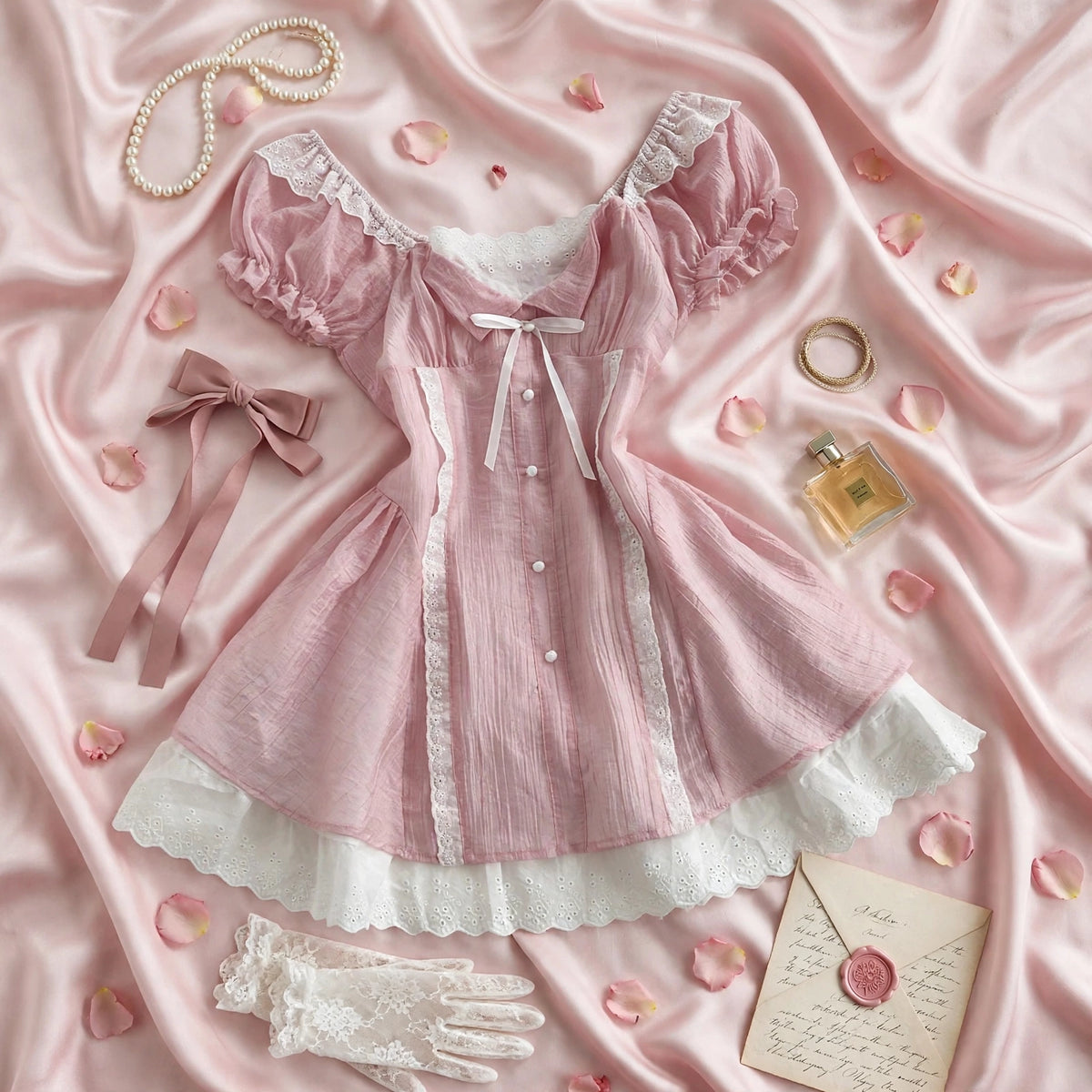 PINKLIZZIE | Bow Puff-Sleeve Square-Neck Mini Dress