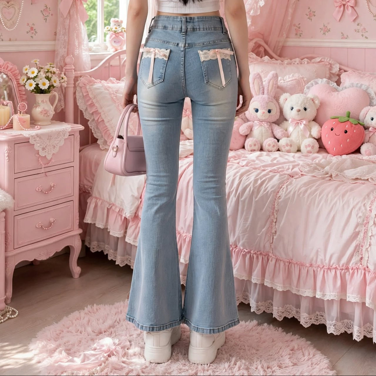 PINKLIZZIE | Lace Bow High-Waist Flare Jeans