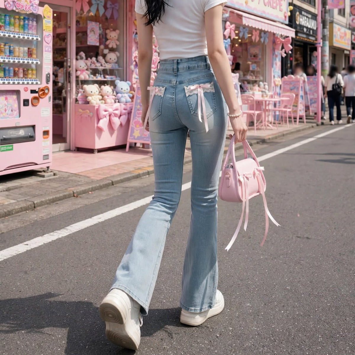 PINKLIZZIE | Lace Bow High-Waist Flare Jeans