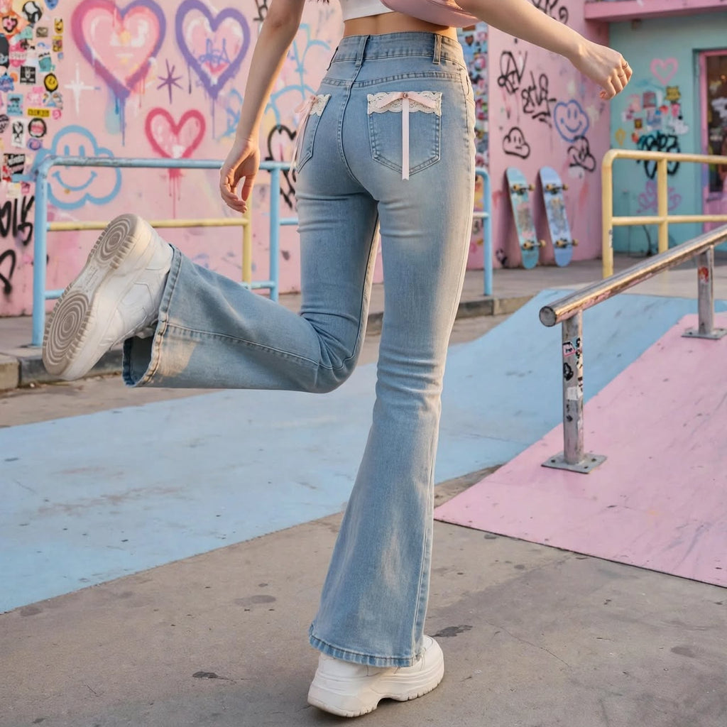 PINKLIZZIE | Lace Bow High-Waist Flare Jeans