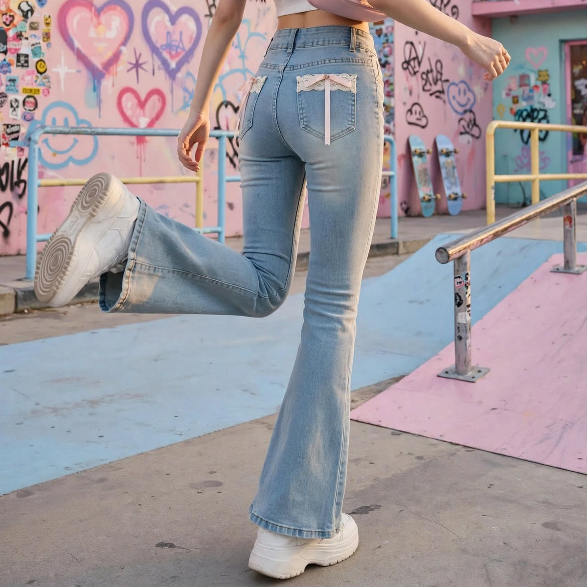 PINKLIZZIE | Lace Bow High-Waist Flare Jeans