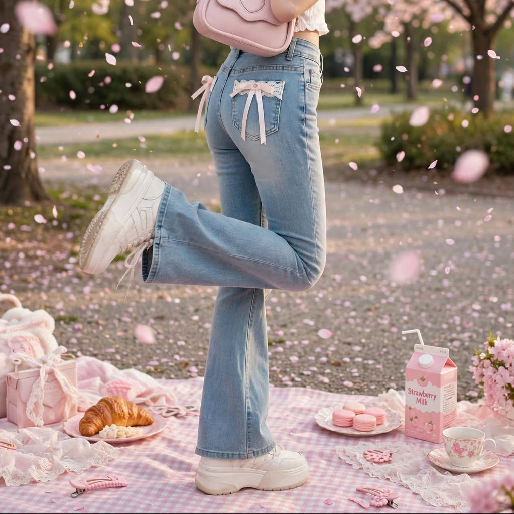 PINKLIZZIE | Lace Bow High-Waist Flare Jeans