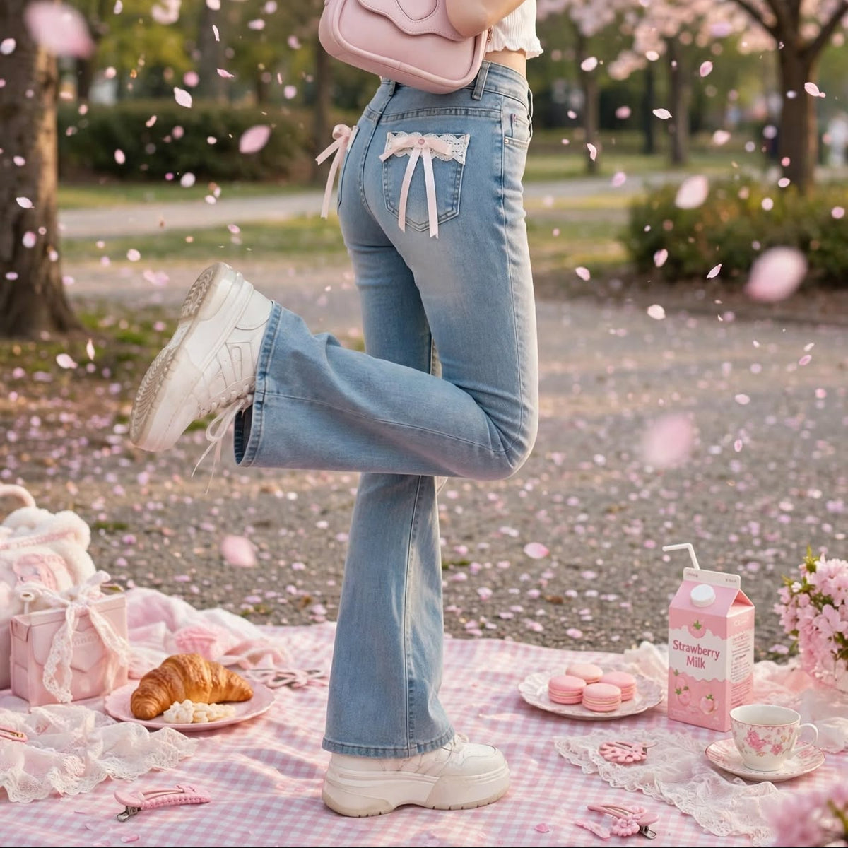 PINKLIZZIE | Lace Bow High-Waist Flare Jeans