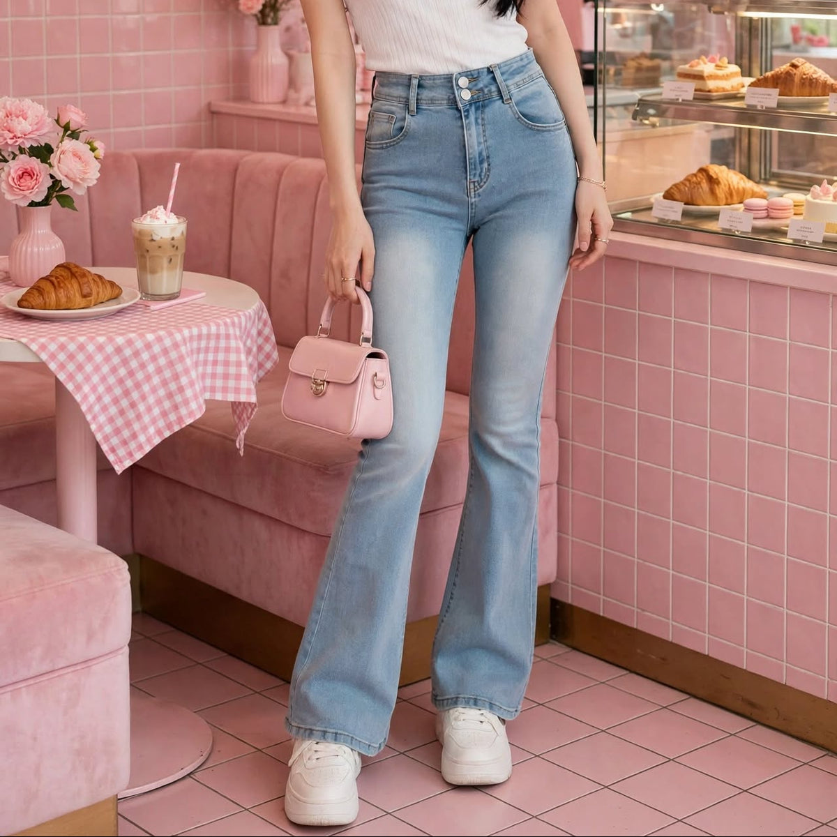 PINKLIZZIE | Lace Bow High-Waist Flare Jeans