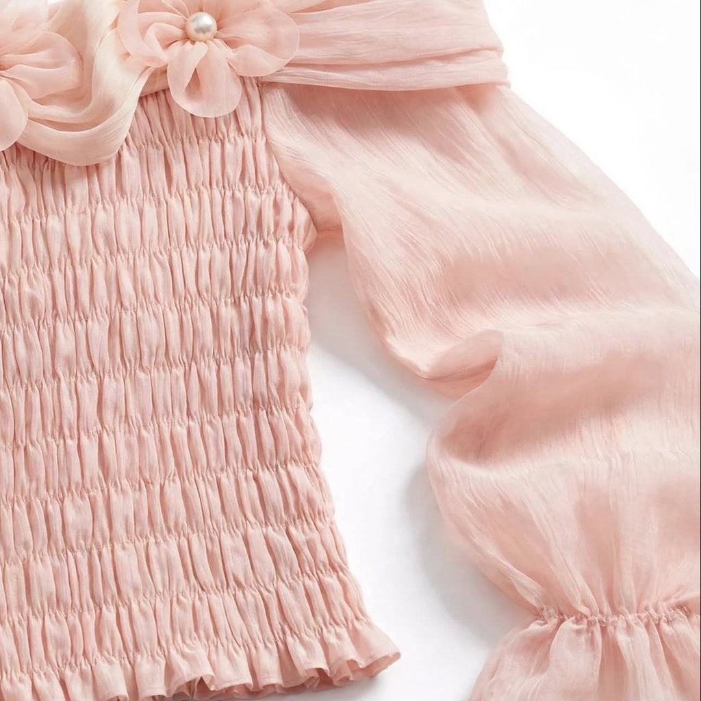 PINKLIZZIE | 3D Flower Ruffle-Waist Long-Sleeve Top