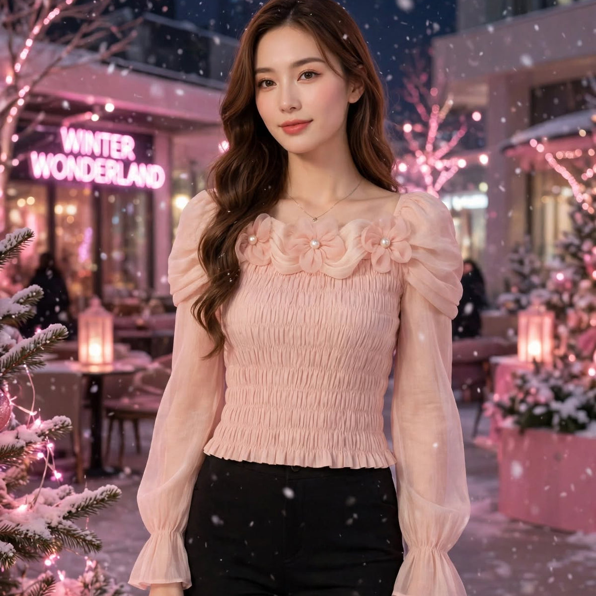 PINKLIZZIE | 3D Flower Ruffle-Waist Long-Sleeve Top