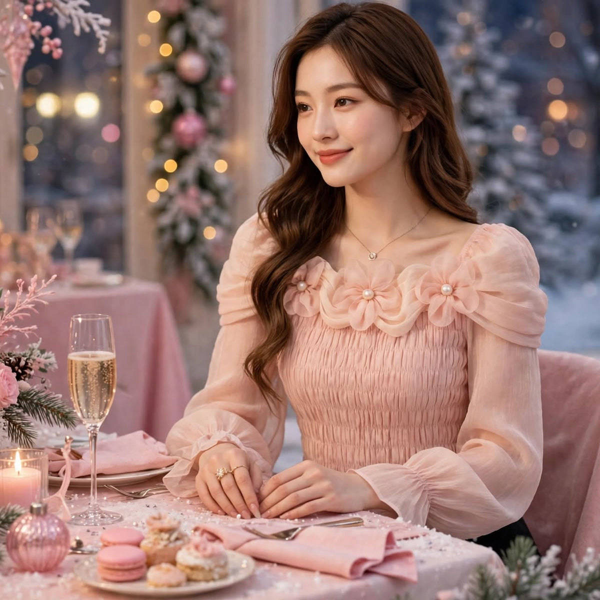 PINKLIZZIE | 3D Flower Ruffle-Waist Long-Sleeve Top