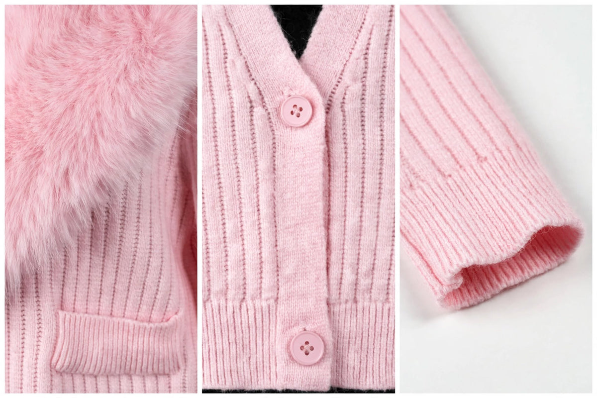 PINKLIZZIE | Faux Fur Collar Cropped Knit Cardigan
