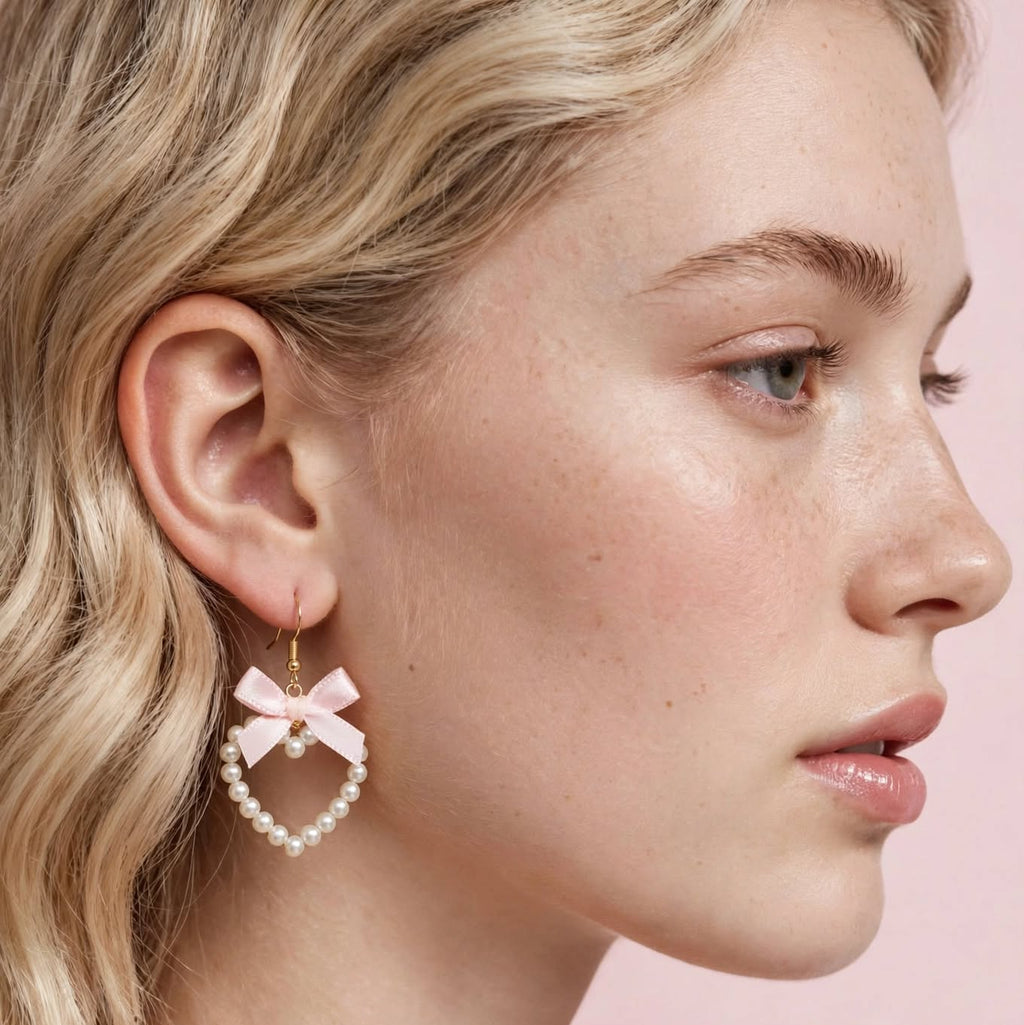 PINKLIZZIE | Pink Heart Bow Pearl Drop Earrings