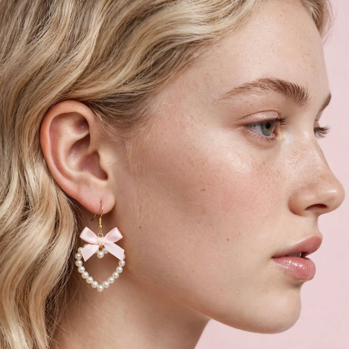 PINKLIZZIE | Pink Heart Bow Pearl Drop Earrings