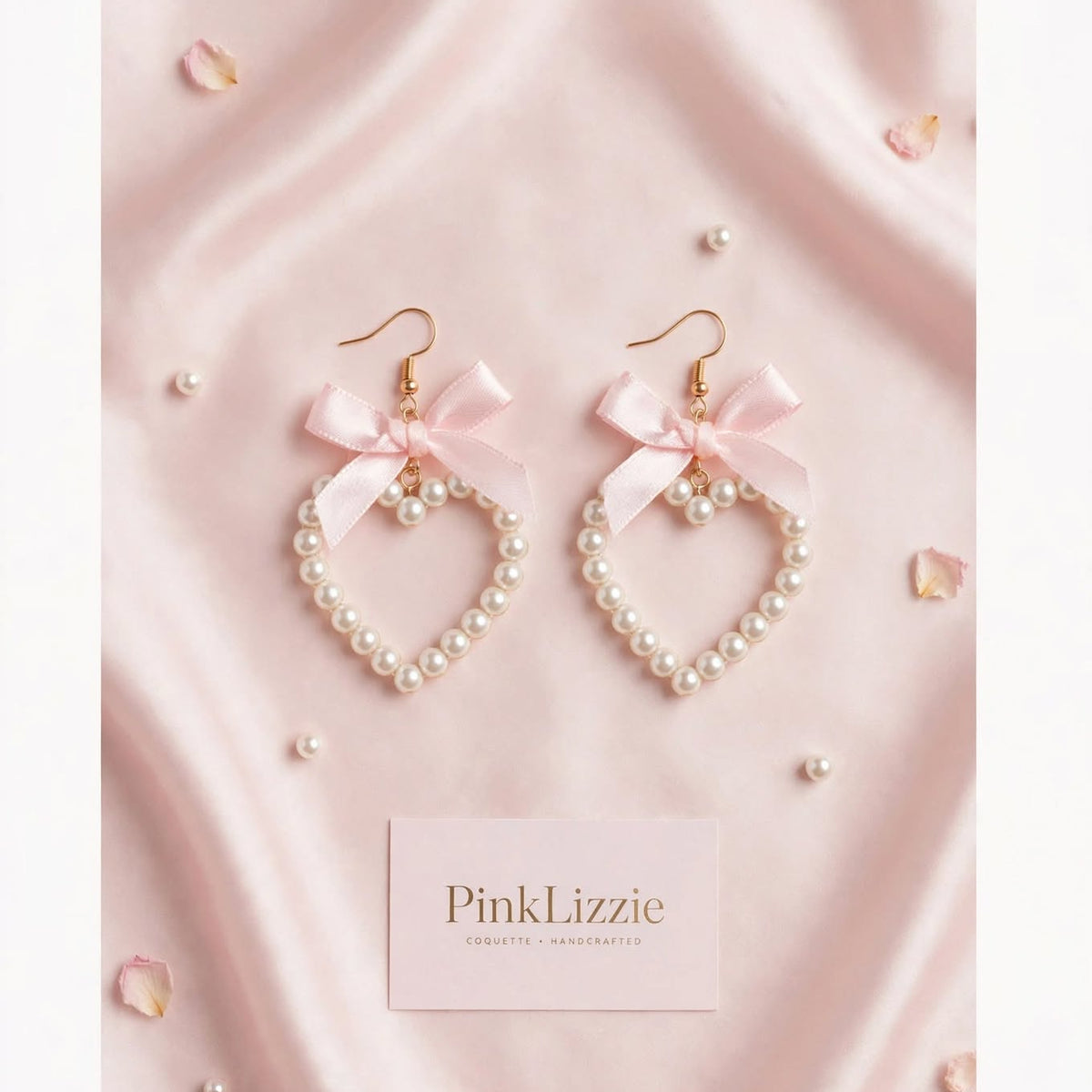 PINKLIZZIE | Pink Heart Bow Pearl Drop Earrings
