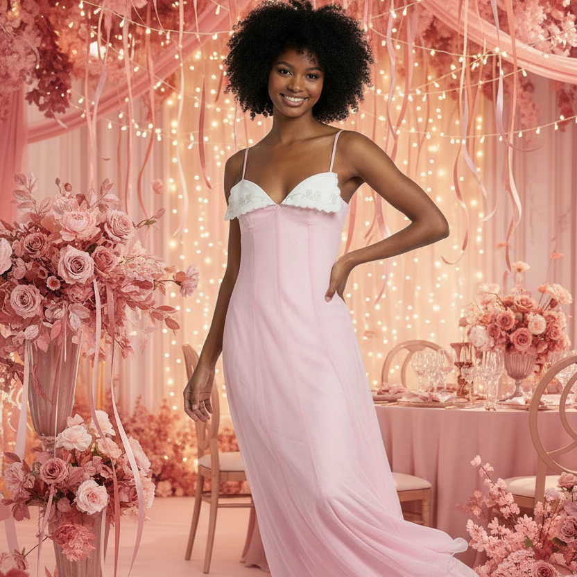 PINKLIZZIE | Lace-Trim Sweetheart High-Low Midi Dress