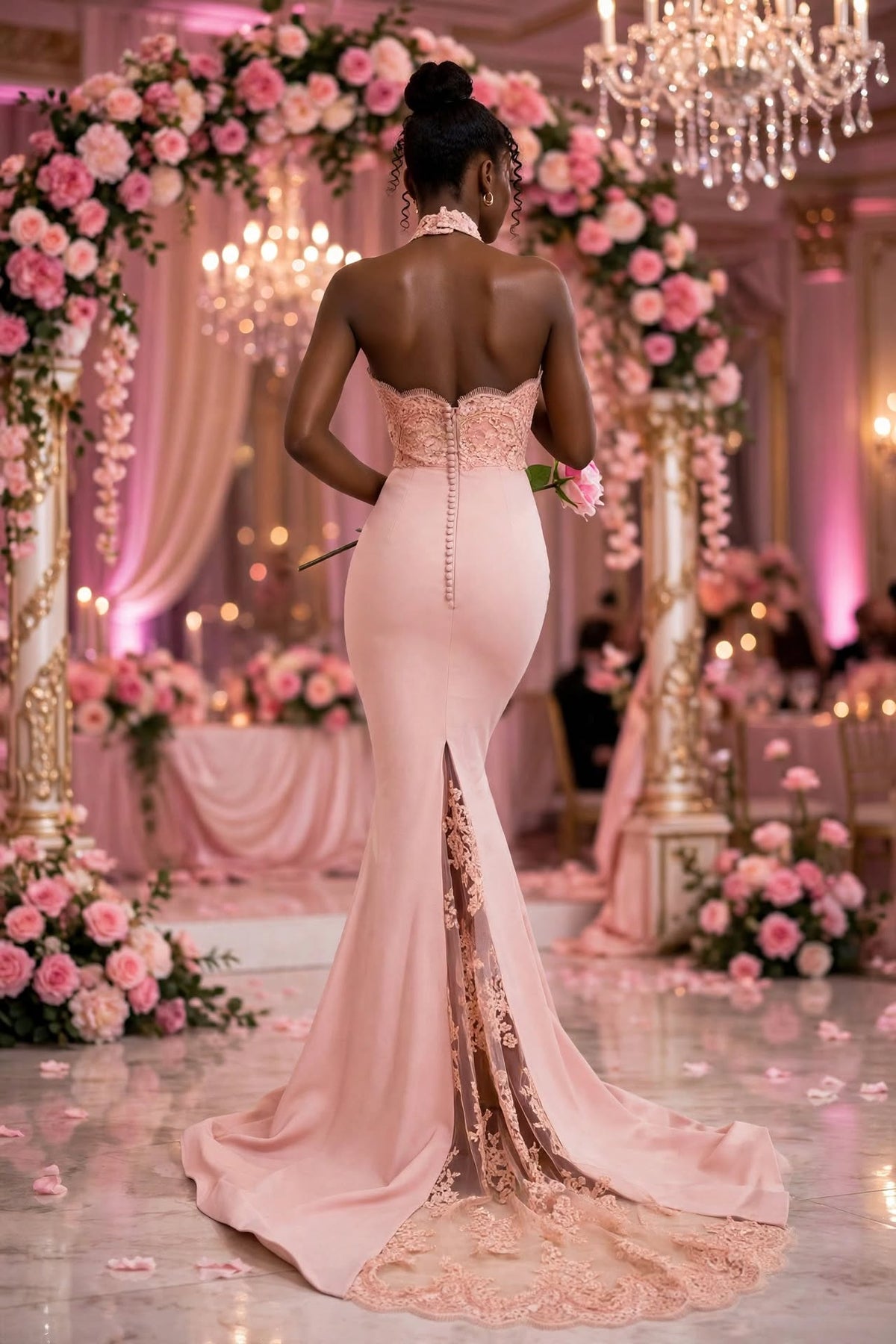 PINKLIZZIE | Lace Halterneck Evening Dress
