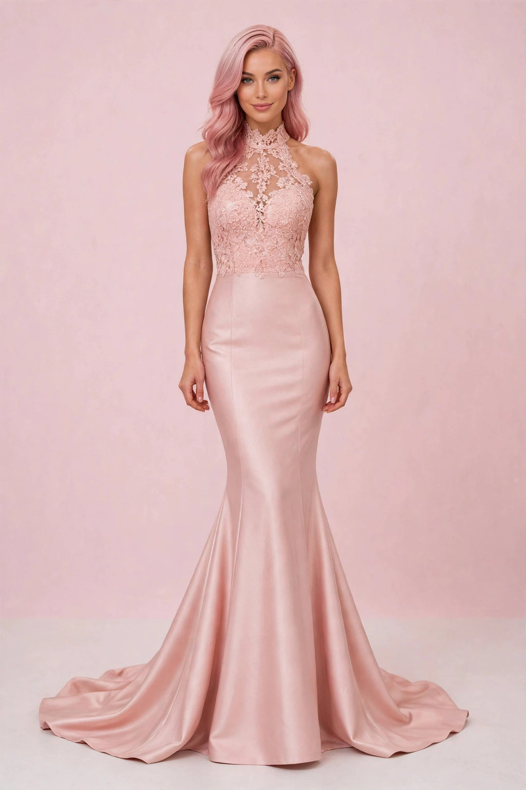PINKLIZZIE | Lace Halterneck Evening Dress