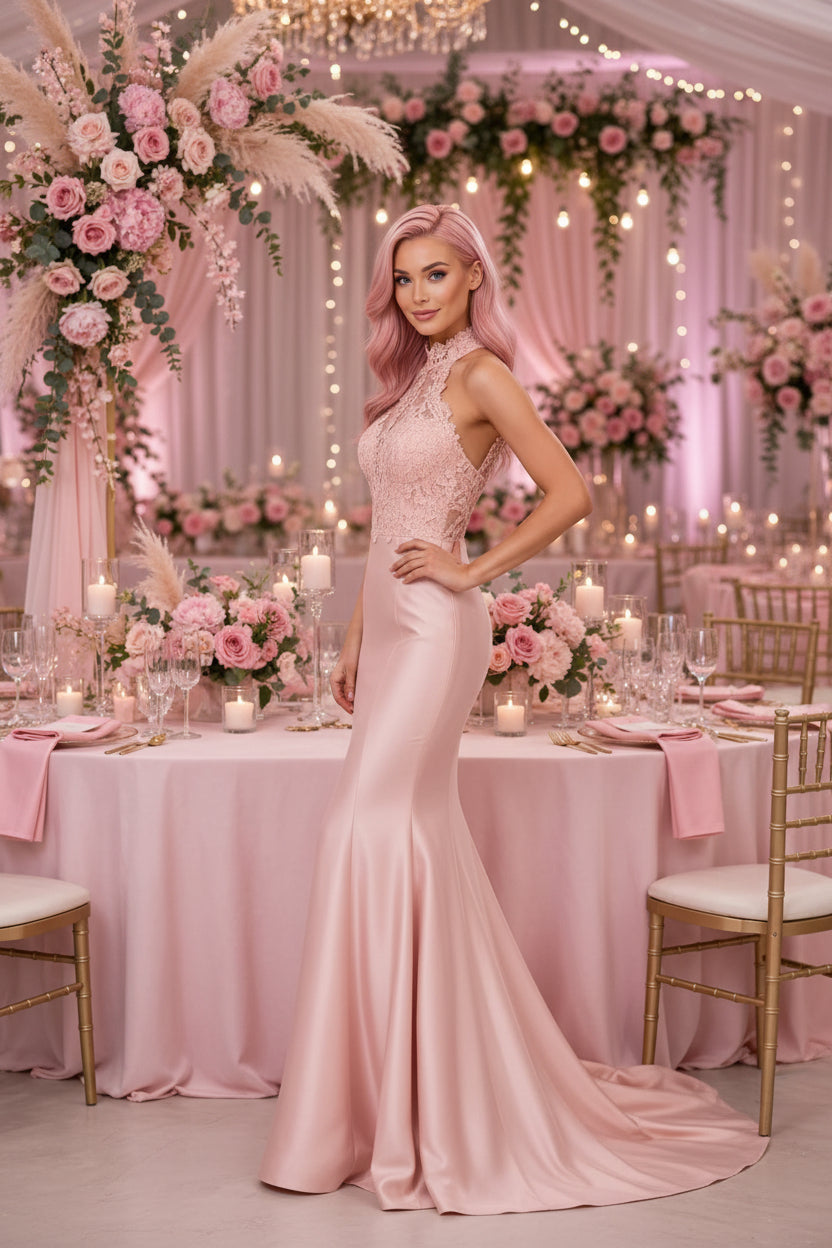 PINKLIZZIE | Lace Halterneck Evening Dress