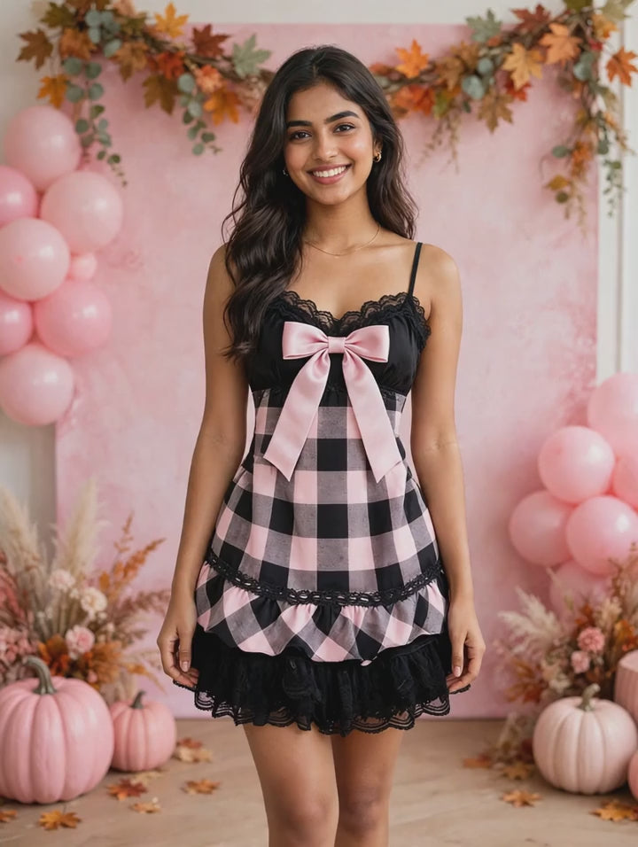 PINKLIZZIE | Checkered Bow Halter Mini Dress
