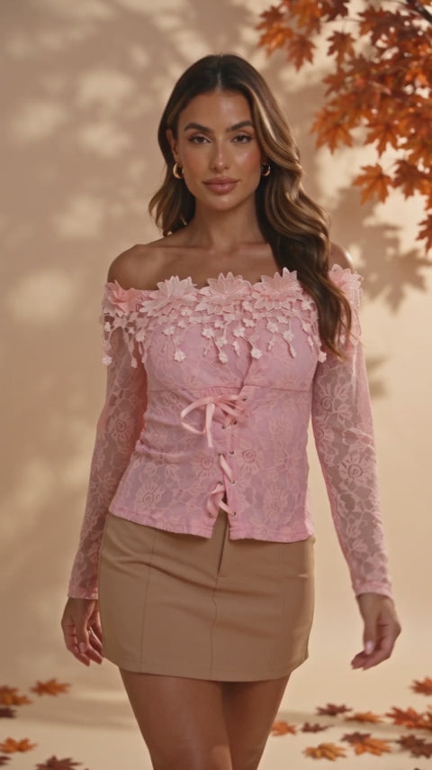 PINKLIZZIE | One-Shoulder Petal Lace Long-Sleeve Top