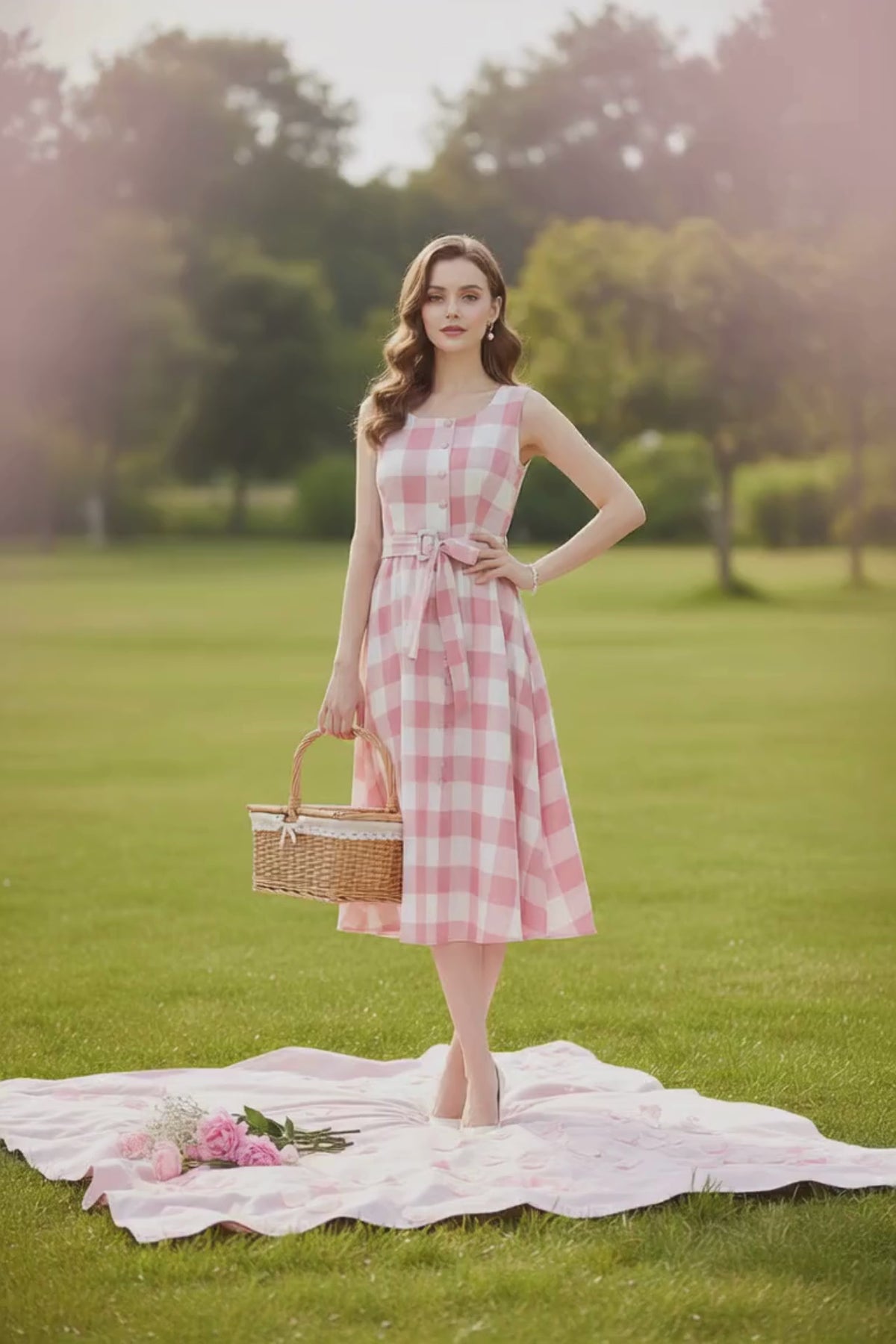 PINKLIZZIE | Pink Plaid Strap Midi Dress