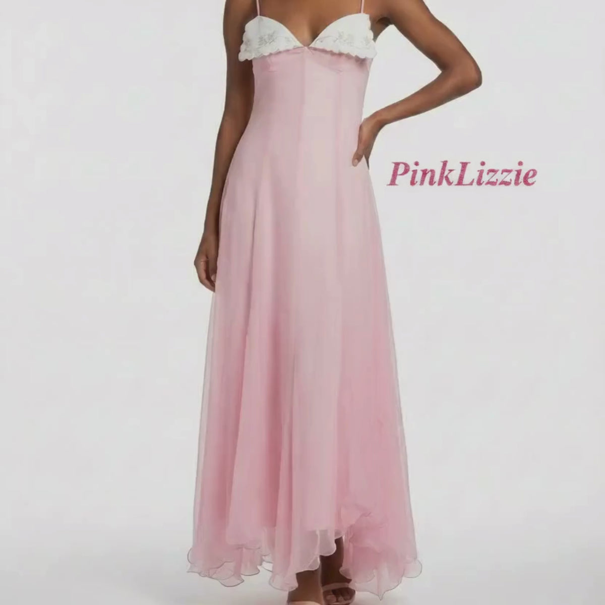 PINKLIZZIE | Lace-Trim Sweetheart High-Low Midi Dress
