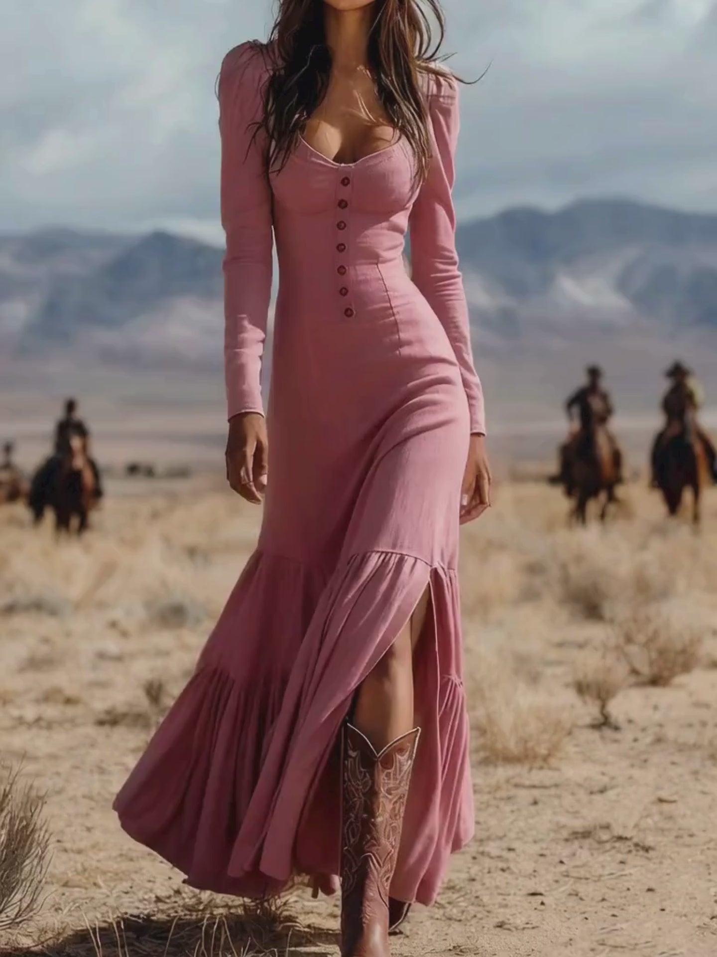 PINKLIZZIE | Retro Western Button Pleated Long Sleeve Dress