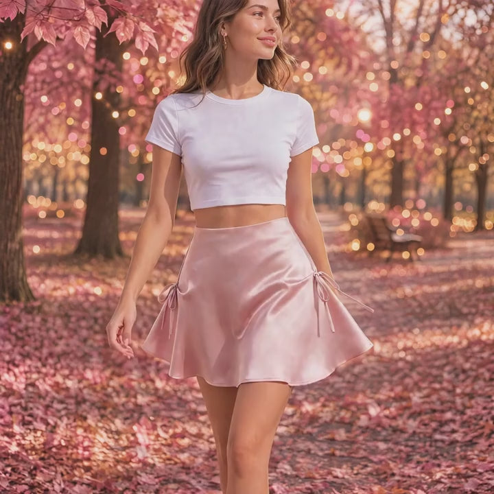 PINKLIZZIE | Satin Bow Tie-Side A-Line Mini Skirt