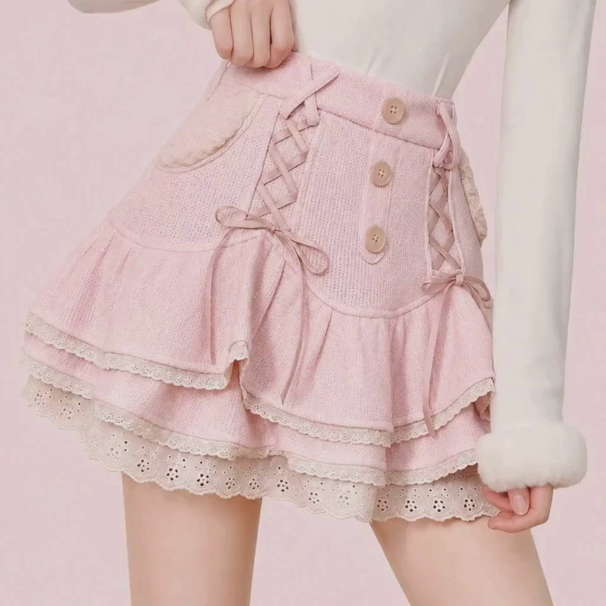 PINKLIZZIE | Lace Trim High-Waist Mini Skirt