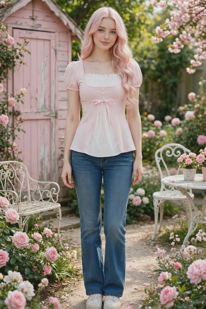 PINKLIZZIE | Puff-Sleeve Bow Babydoll Top