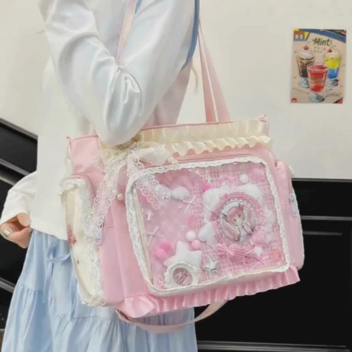 PINKLIZZIE | Pink & Transparent Lace Crossbody Tote