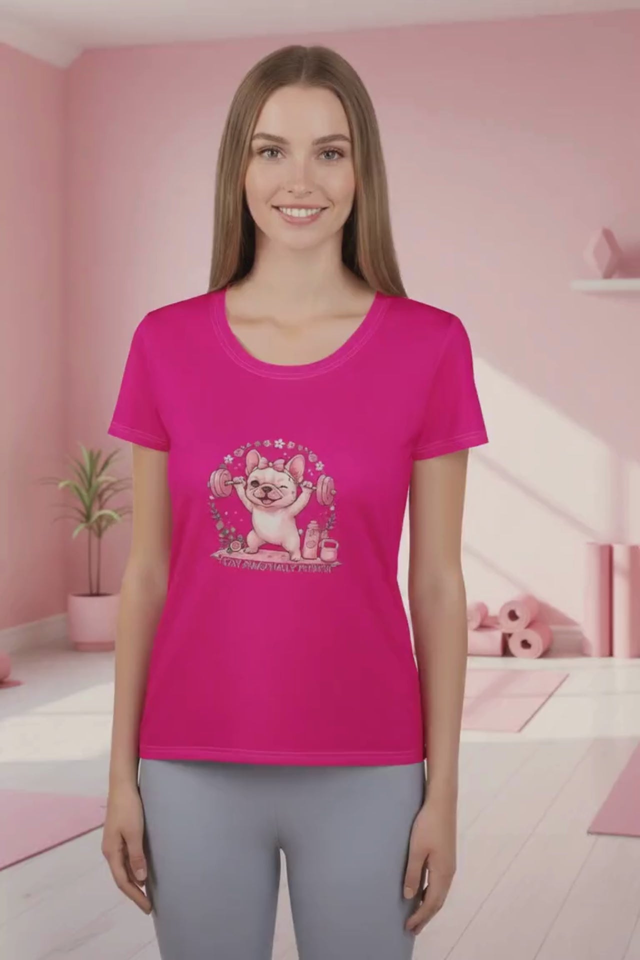 Pink French Bulldog Activewear Top for Women | Cute Gym T-Shirt by PinkLizzie
