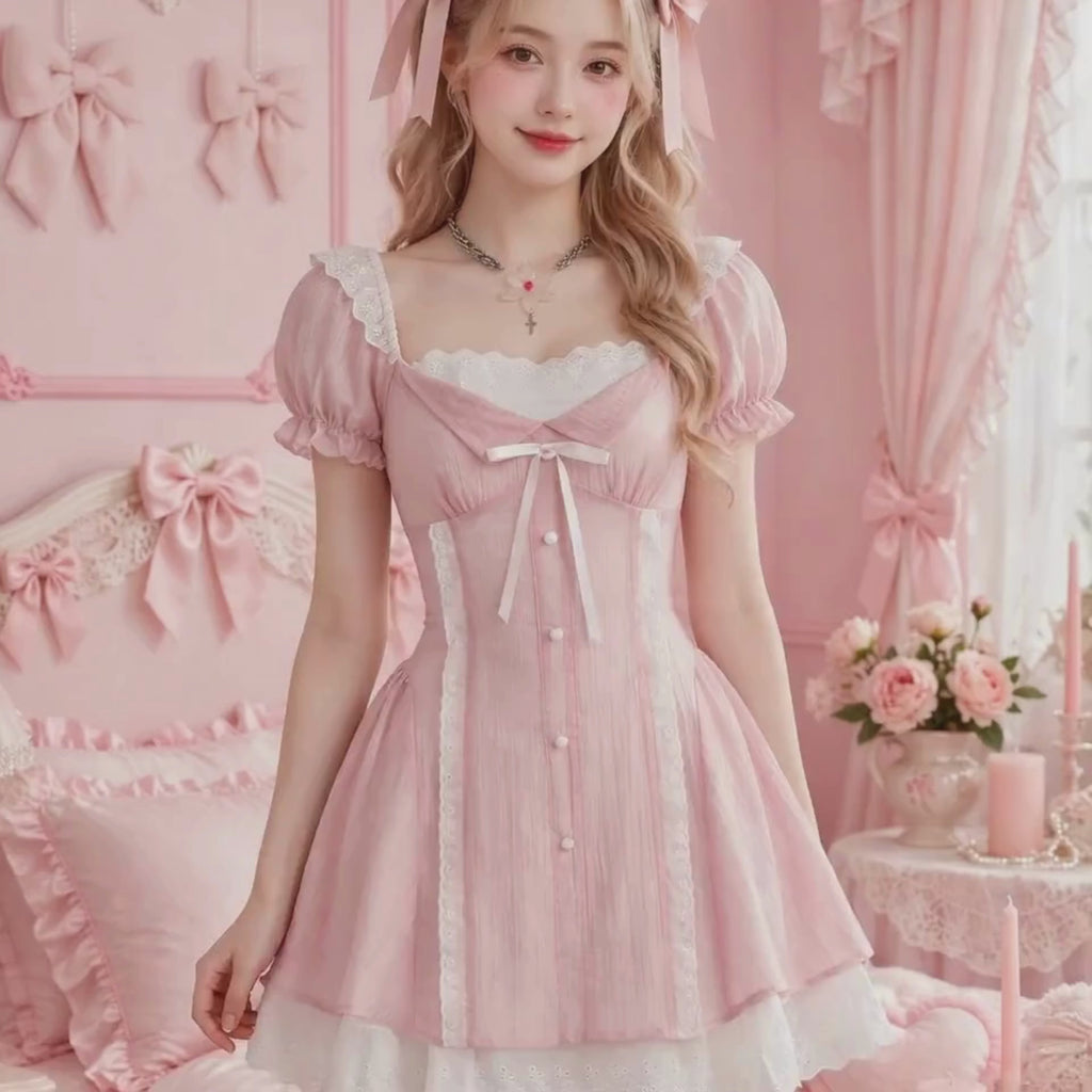 PINKLIZZIE | Bow Puff-Sleeve Square-Neck Mini Dress