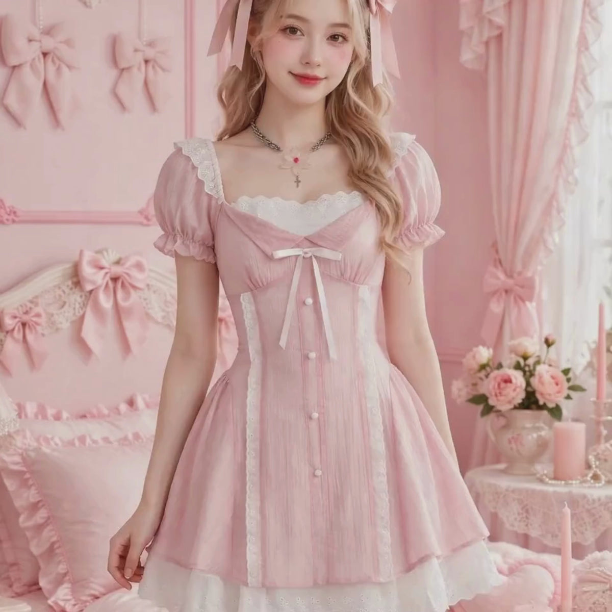 PINKLIZZIE | Bow Puff-Sleeve Square-Neck Mini Dress
