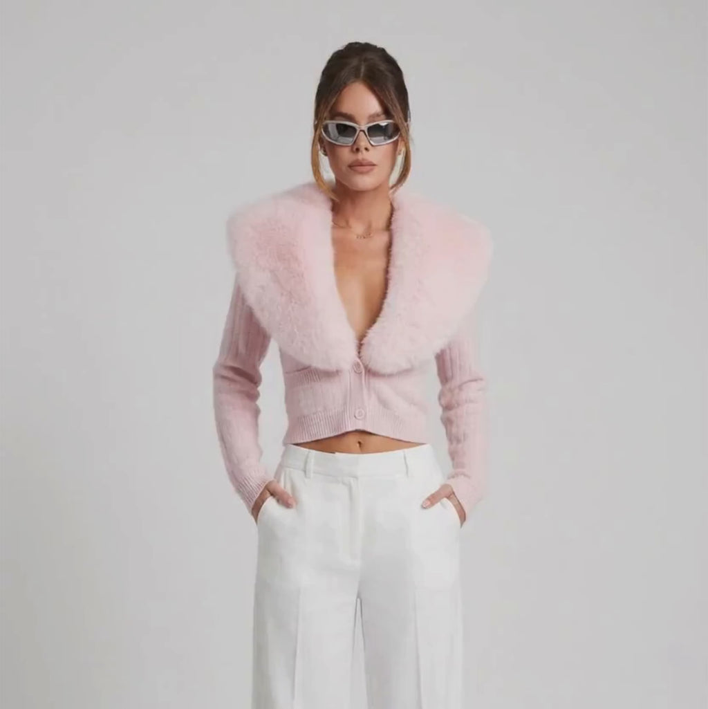 PINKLIZZIE | Faux Fur Collar Cropped Knit Cardigan