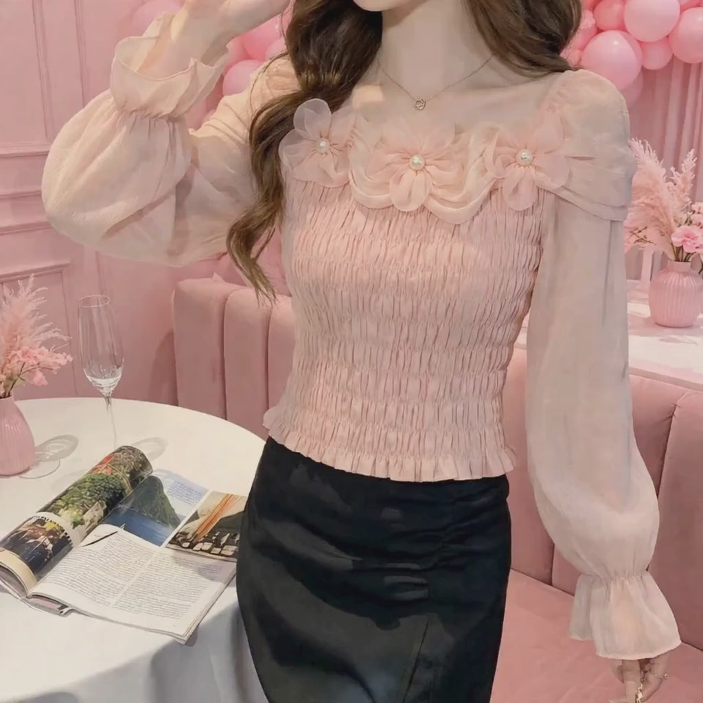 PINKLIZZIE | 3D Flower Ruffle-Waist Long-Sleeve Top