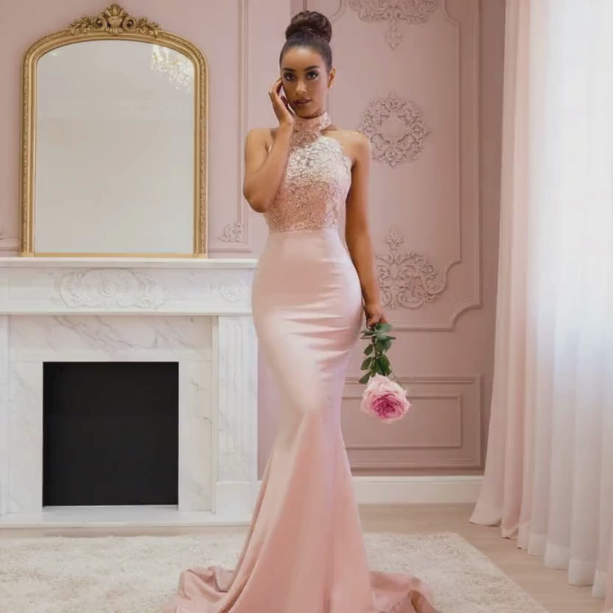 PINKLIZZIE | Lace Halterneck Evening Dress